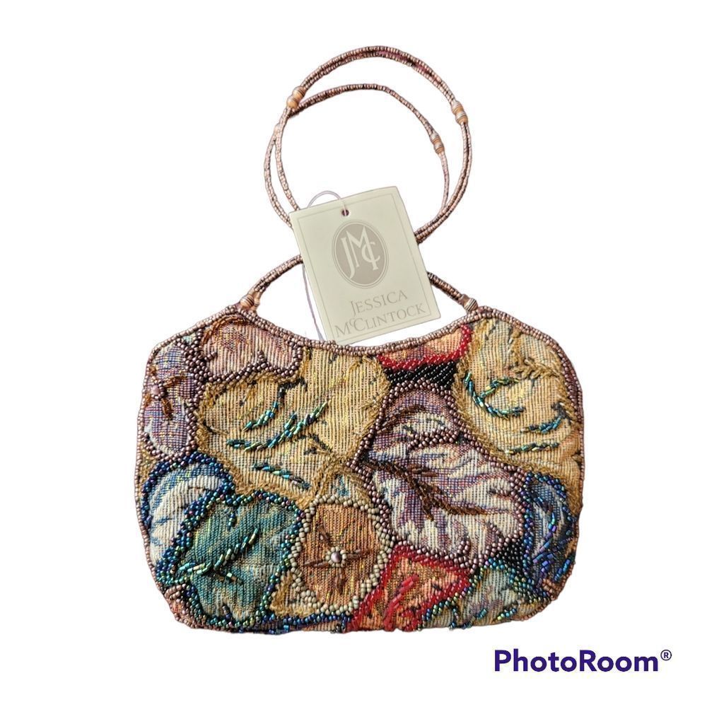Jessica McClintock bag beaded tapestry evening bag with hoop handles